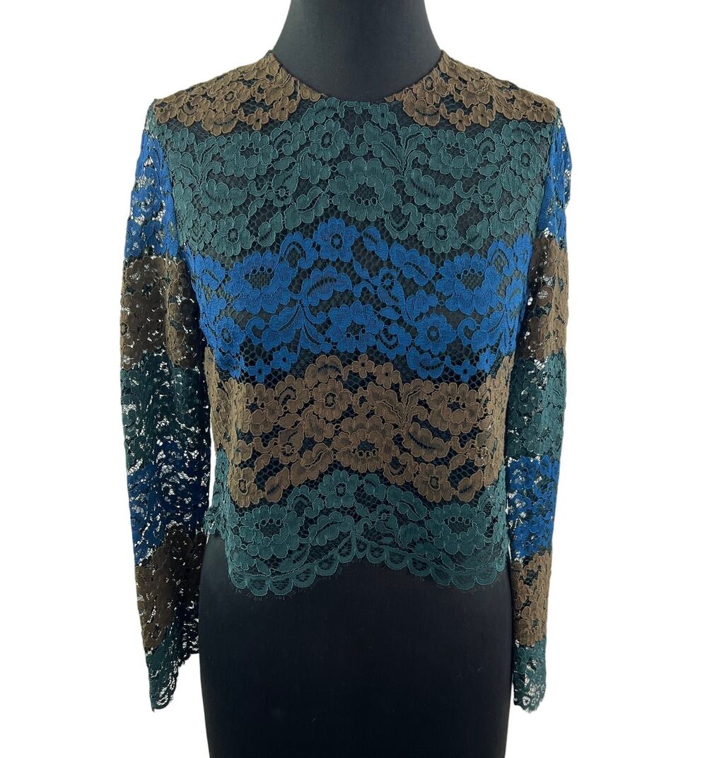 SANDRO Paris Lace Long Sleeve Blouse Top Blue Green Scalloped Round Neckline 2